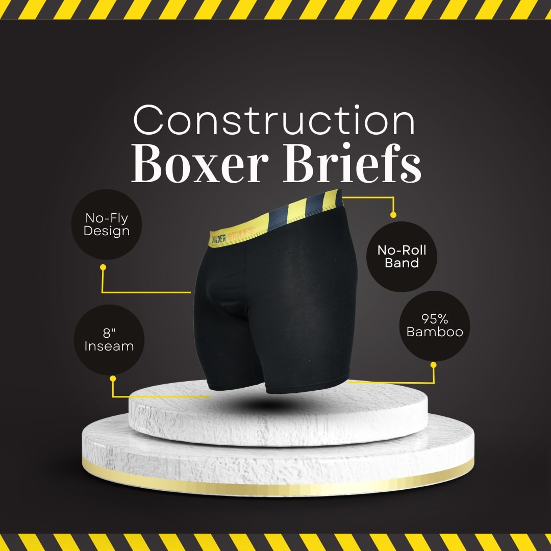 Builder Briefs construction boxer briefs made from viscose derived from bamboo, black and yellow no-roll waistband