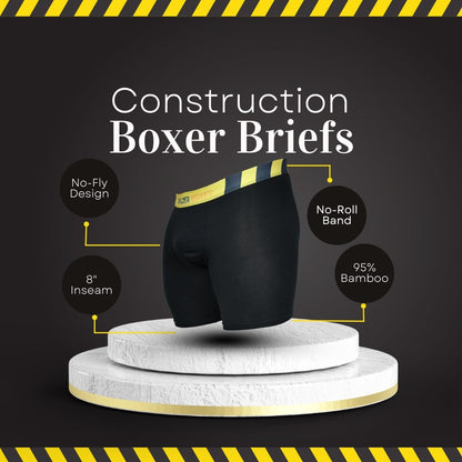 Builder Briefs construction boxer briefs made from viscose derived from bamboo, black and yellow no-roll waistband